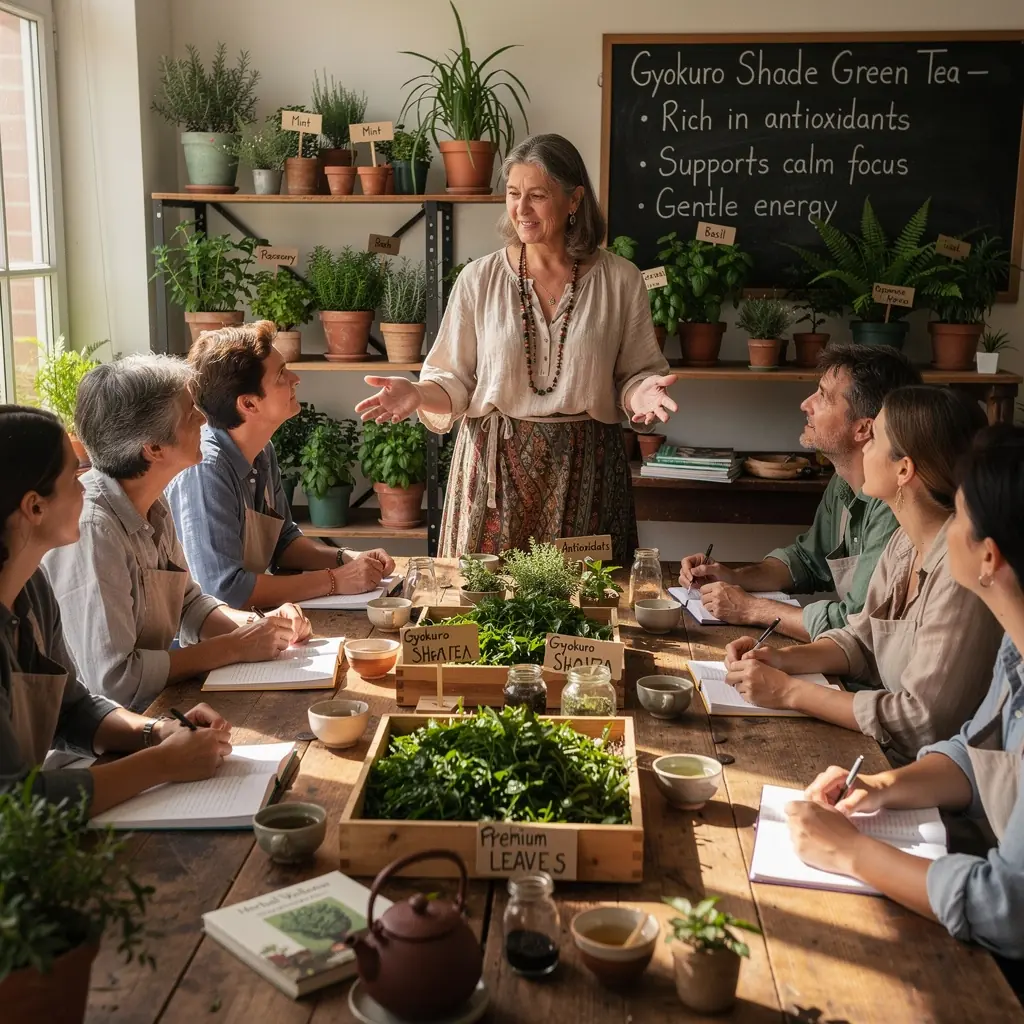 Egy csésze gőzölgő Gyokuro tea, amelyben a szín mély zöld árnyalatú.